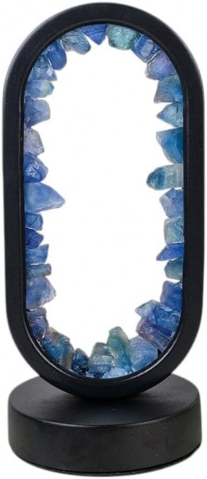 Lumisoul Natural Crystal Raw Stone Oval Ambient Night Light USB Powered Bedside Healing Lamp for Home Decoration (Blue Fluorite (Black Rimmed)