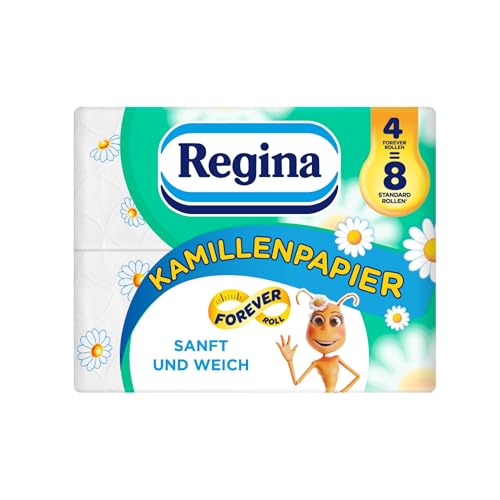 Regina Kamillenpapier 4=8 Forever Roll Toilettenpapier 3-lagig 4 Maxi-Rollen Packung 300 Blatt pro Rolle Sanft und Weich mit Kamillenduft aus FSC-zertifiziertem Papier