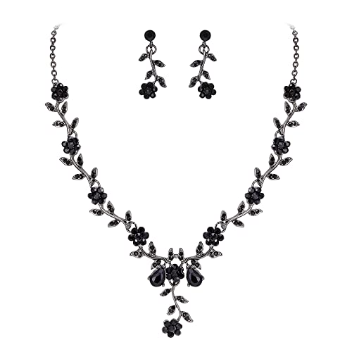 BriLove Women's Wedding Jewelry Leaf Cluster Flower Crystal Dangle Earrings Pendant Necklace Set for Bridal Black Black-Tone