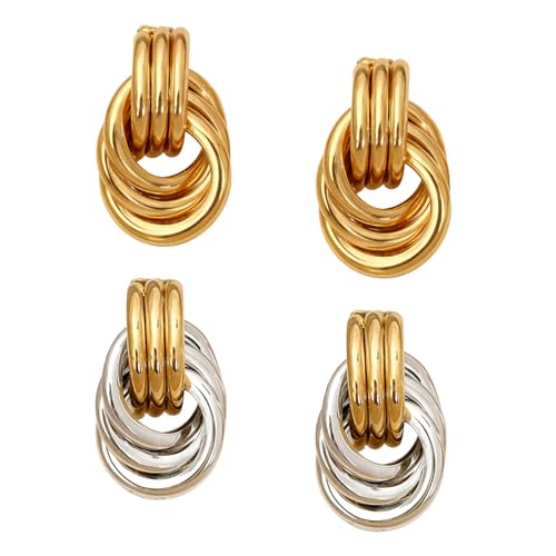 2 Pairs Trendy Gold Knot Earrings for Women Chunky Gold Silver Plated Knotted Statement Drop Dangle Earrings Lightweight and Hypoallergenic Fashion Jewelry Set (Style 08)