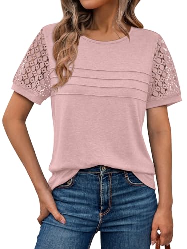 AUTOMET Women's Short Sleeve Shirts Dressy Lace Summer Tops 2025 Spring Trendy Casual T-Shirts Cute Work Outfits Blouses Pink L