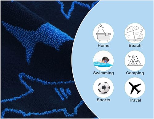 Image of ORIGINAL KIDS 6 Piece Towel Set - Bath Time Shark Attack- 2 Bath Towels, 2 Hand Towels, 2 Washcloths - 100% Cotton Jacquard Soft Absorbent Quick Dry Pool Beach Towel Gift - Navy Blue