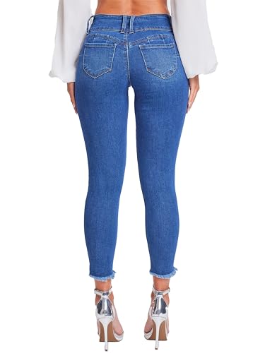 YMI Womens Junior Wannabettabutt 3-Button Mid-Rise Fray Hem Ankle Jean, Indigo Blue Rips, 133