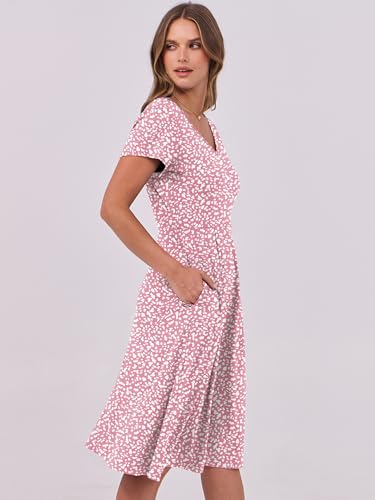Image of ANRABESS Women Summer Dress Casual Short Sleeve V Neck A-Line Knee Length Pleated Flowy 2026 Fashion Midi Dresses with Pocket