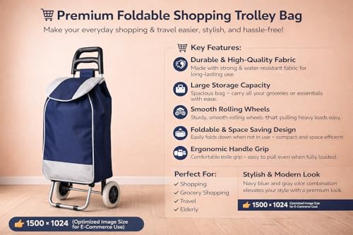 Image of KriShyam Heavy Duty Folding Shopping Trolley Cart | Portable Grocery Cart with Wheels | Durable Fabric Bag with Large Capacity | Lightweight & Easy to Carry (2 Wheel Navy)