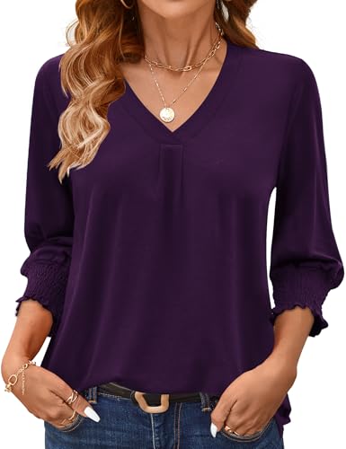 AKEWEI 3/4 Length Sleeve Womens Tops Summer Fashion V Neck Business Casual Blouses Smocked Shirts
