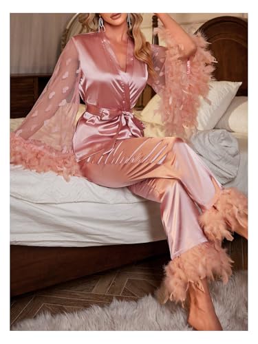 OYOANGLE Women's 2 Piece Pajama Set Satin Contrast Mesh Feather Trim Long Sleeve Belted Top and Pants Lounge Sets3