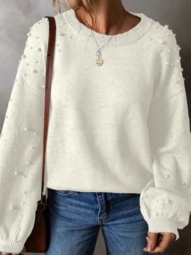 Image of Pearl Sweater for Women Lantern Sleeve Drop Shoulder Crewneck Sweatshirt Knit Chunky Pullover Sweaters with Pearls