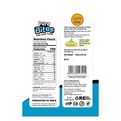 Image of Grami Superfoods Pure Bites Millet Butter Murukku / Chakli - Pack of 4 (500g) | Healthy Indian Snacks | Millet Snacks | No Maida | No Preservative | High Protein & Fiber Snack | Low GI | Healthy Namkeen for Kids & Adults | Weight Loss Namkeen |Sugar Free | Diabetic Friendly Namkeen