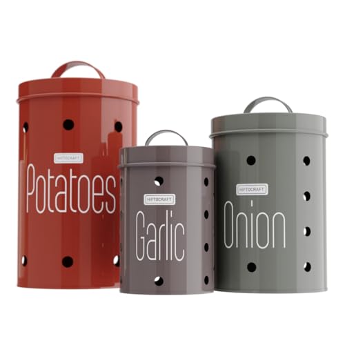 Image of Galvanized Metal Vegetable Storage Container Set - Potato, Onion & Garlic Bins with Lid | Rust-Resistant, Ventilated Kitchen Pantry Organizer | Set of 3 (Multicolor)
