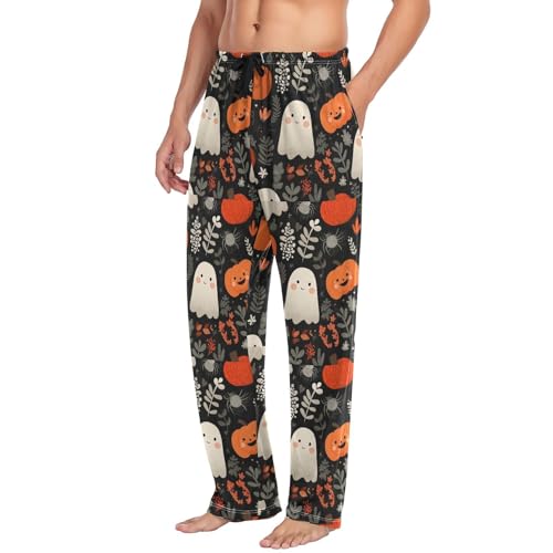 Men’s Cute Ghosts Pumpkin Pajama Pants with Pockets, Comfortable Lounge Sleep Bottoms#4754
