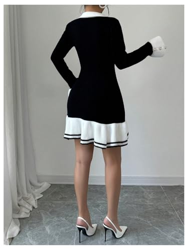 SOLY HUX Women's Sweater Dress Color Block Collar V Neck Long Sleeve Ruffle Hem Bodycon Knit Mini Dresses2