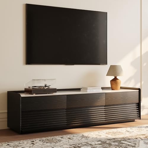 Image of POVISON Fully-Assembled Mid Century Glossy Sintered Stone TV Stand, 70.87 inch Wood Media Console with Adjustable LED Light, Entertainment Center with Storage for Living Room