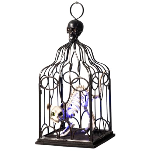 Squelette d'Halloween lumineux chat en cage suspension animée