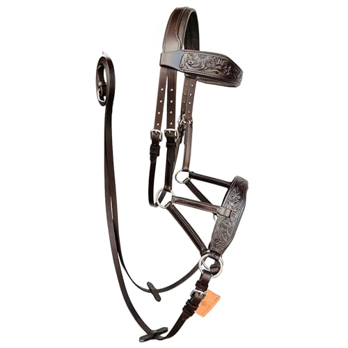 AHS us Natural Toned Leather Sidepull Bitless Bridle with White Cow Soft Leather Padding | Full Leather reins | (Brown, Full)