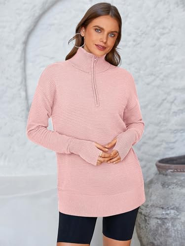 Image of PRETTYGARDEN Womens Long Sleeve Quarter Zip Pullover Sweater | Casual Loose V Neck Sweaters with Thumb Hole, Collared Ribbed Knit Jumper Tops, Oversized Tunic Tops, Fall Outfits 2026