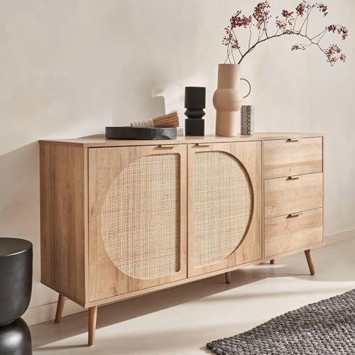 Image of Goldview Modern Wooden Sideboard Cabinet - Natural Oak Finish, Rattan Door Panels, 3 Storage Drawers, Contemporary Living Room Furniture