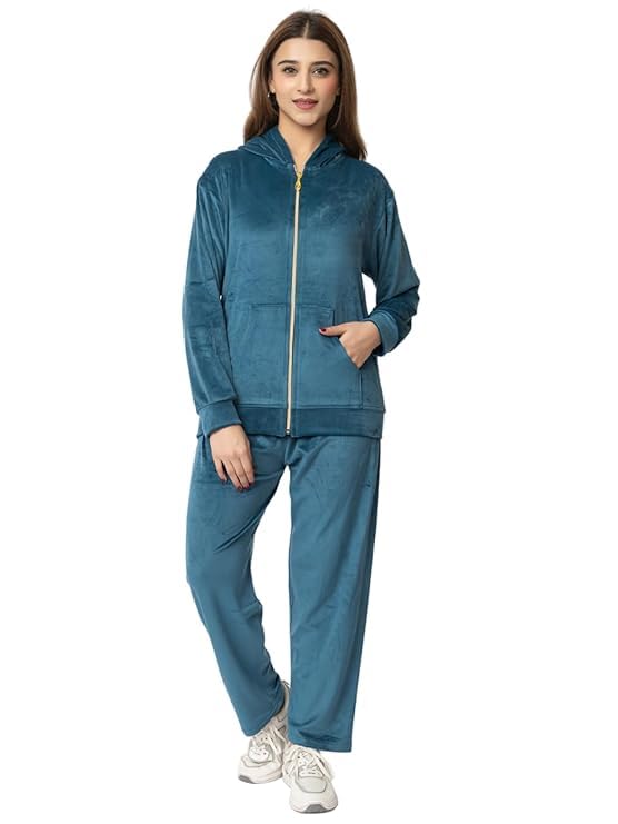 Women Velvet Tracksuit Set | Full Zip Jacket with Pockets & Elastic Waist Pants | Soft Winter Wear Co-ord Set for Casual, Travel & Loungewear | Green Color, Comfortable Fit-image-15