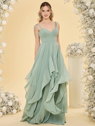 Women’s V Neck Chiffon Bridesmaid Dress A Line Spaghetti Straps Long Tiered Ruffles Formal Evening Party Gown2