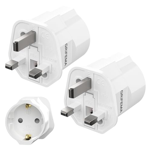 GRIFEMA Adaptateur Prise Anglaise avec Fusible 13A, Adaptateur Voyage France vers UK Type G pour Londres Angleterre Irlande Dubaï, Convertisseur Prise 2 Broches Europe...