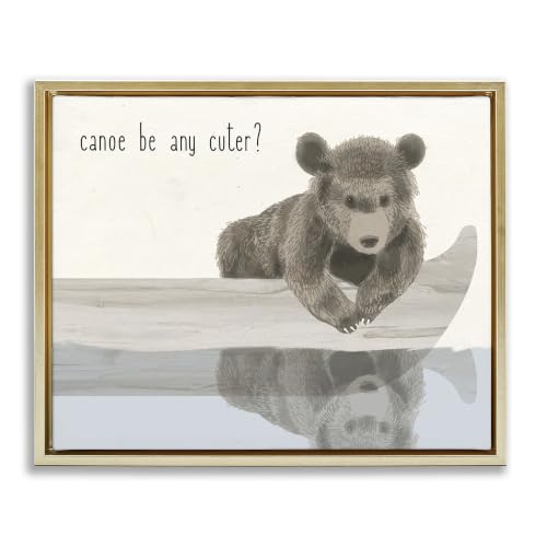 Stupell Industries Canoe Be Any Cuter Grey Blue and Off White Soft Nursery Neutral Baby Bear, Design by Daphne Polselli, Gold Floater Framed, 24 x 30