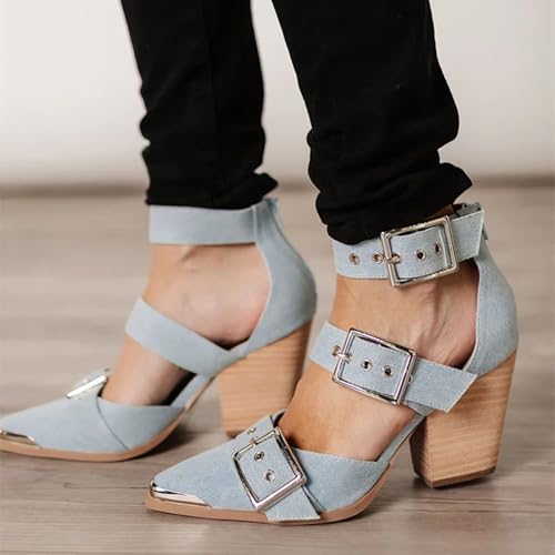 Women's Pointed Toe Pumps Chunky Wedge Heels Ankle Strap Western Sandals Metal Buckle Comfortable Fashion Casual Dress Shoes4