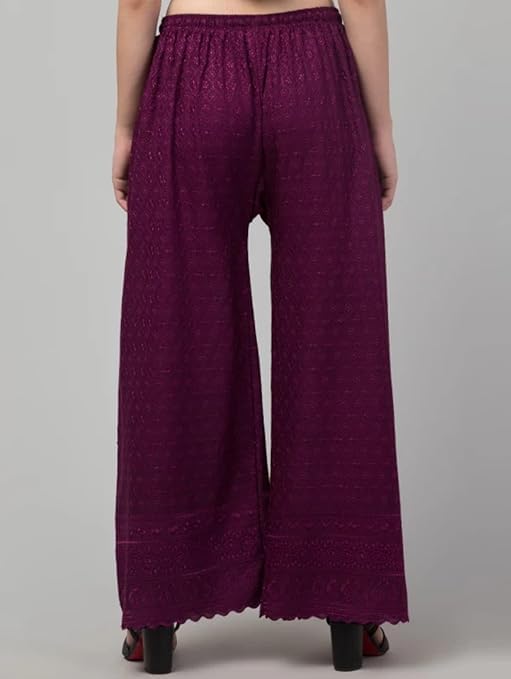Image of Women's Palazzo Pants Rayon Trousers Chikankari Embroidered Lace Trim Wide Leg Straight Fit Flared Palazzo for Girls & Women