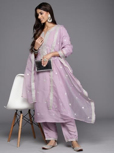 Image of INDO ERA Women's Embroidered Silk Blend Calf Length Straight Kurta & Pant with Dupatta Set | Kurta Sets For Woman
