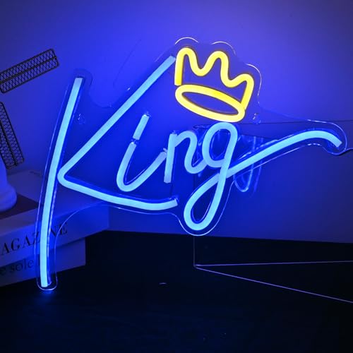 ineonlife King Neon Sign Blue Letters Led Neon Light Yellow Crown Led Neon Signs Wall Decorative Lights for Bedroom Kids Room Teen Boys Room Birthday Wedding Party Bar Decor with USB Power