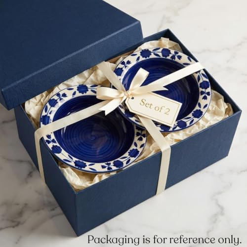 Image of Ceramic Pasta Bowls Set of 2 | 7 Inch Handmade Deep Soup Plates | Microwave Oven Safe Serving Bowls | Floral Hand-Painted Stoneware Salad Bowls (2, Blue & White)