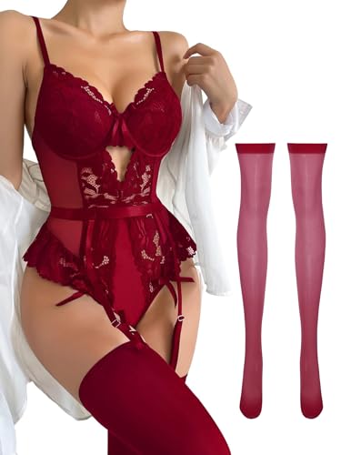Image of Lilosy Sexy Stocking Lace Mesh Bodysuit Top Underwire Garter Lingerie Set 3 Piece
