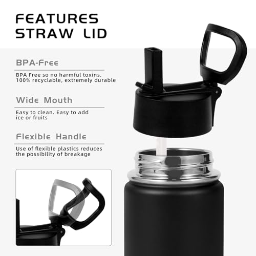Volhoply 14oz KIds Insulated Stainless Stee Water Bottle with Straw Lid and Silicone Boot,BPA-Free Easy Use for Boys&Girls,Double Wall VacuumLeakproof Bottles(Black,1)