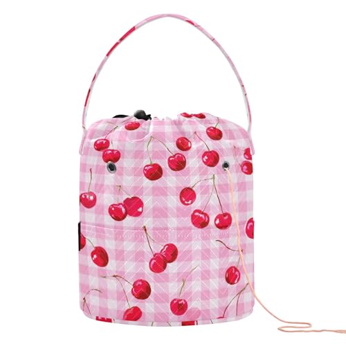 Image of ElliTarr Crochet Bag Yarn Bag with Handle Portable Knitting Project Bag Travel Yarn Storage Organizer Holder Case Pink Juicy Checkered Cherry