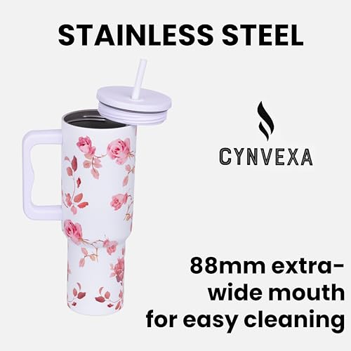 Image of Tumbler with lid and Straw 1200ML Cup Stainless Steel Vacuum Insulated Tumbler for Water, Iced Tea or Coffee 1.2L Office Gym Travelling (White Rose)