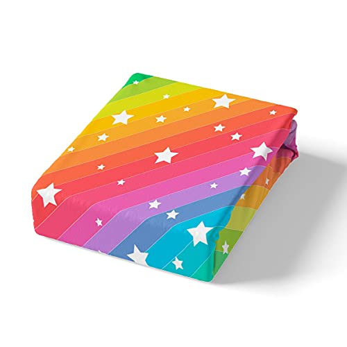 Loussiesd Kinder M?dchen Spannbettlaken 140x200cm Regenbogen Sterne Drucken Kleinkind Frauen Bunt Streifen Bettlaken Set Farbstreifen Dekorativ Spannbetttuch Atmungsaktiv Mikrofaser - Image 5