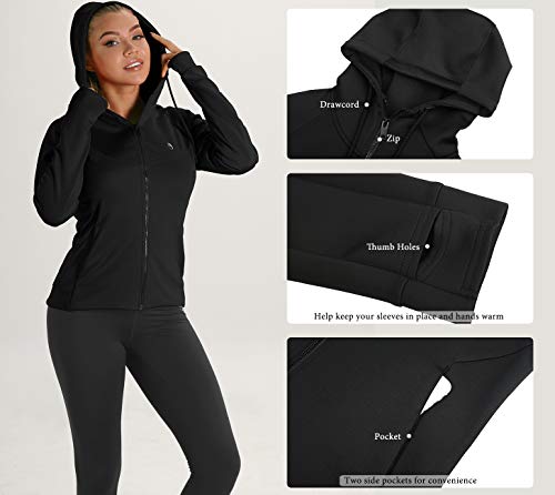 icyzone Damen Sportjacke Laufjacke voll Zip Trainingsjacke mit Kapuze, Fitness Hoodie Langarm Shirt im Winter (L, Schwarz)