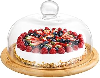 GARNECK Wood Cake Stand with Glass Dome Chocolate Cupcake Candy Display Plate Salad Bowl Snack Tray Serving Platter for Wedding Birthday Party Supplies 24cm
