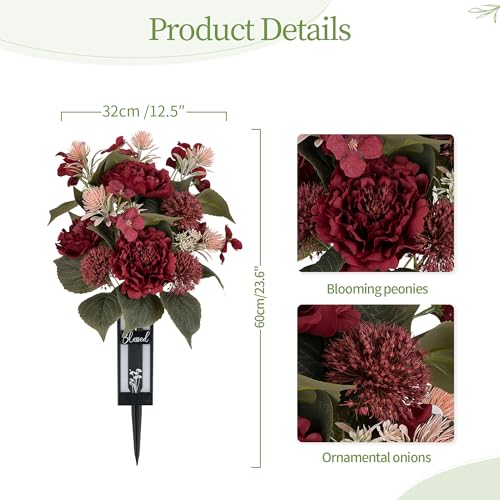Red Christmas Flowers for Cemetery: 2 Pcs Peony Grave Flower Bouquets for Cemetery Decorations - Outdoor Gravesite Flowers with Vase image 1