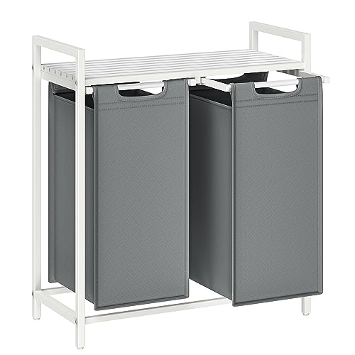 VASAGLE Laundry Hamper, Laundry Basket, Laundry Sorter with 2 Pull-Out and Removable Bags, Shelf, Metal Frame, 2 x 12.1 Gallons (46 L), 28.8 x 13 x 28.4 Inches, Slate Gray and Cloud White UB