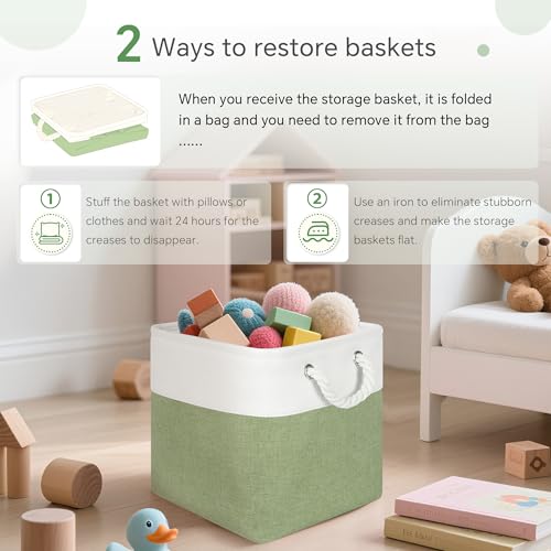 Image of FinishingBo Fabric Cubes Storage Basket, 6 Pack 11x11 in with Handles Foldable Cube Storage Bins, for Shelves, Home, Office, Nursery Organizers (White / Green)