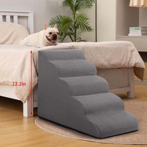 Image of Aodisman 5-Step Dog Stairs and Ramp for High Bed, Non-Slip Sturdy Pet Steps for Small Dogs and Cats,22.2 inch H,Grey