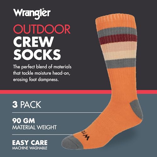 Wrangler 3 Pack Cushioned Arch Support Men's Crew Socks - Striped Outdoor Socks for Hiking & Work - Size 6-122