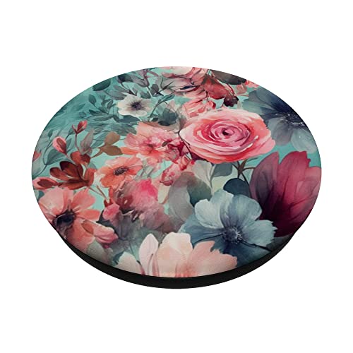 Romantic Pink Teal Watercolor Chic Floral Pattern PopSockets Adhesive PopGrip, Black - Image 2
