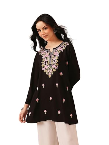 Image of QAZMI Women's Bahar Kashmiri Zari Resham Work Viscose Rayon Full Sleeves A-Line Short Kurti