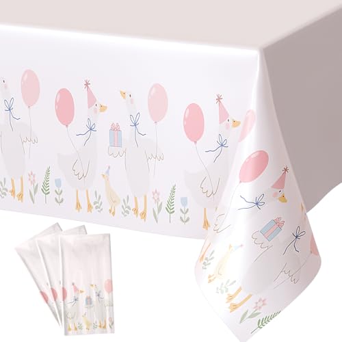 Image of Honeydak 4 Pcs Silly Goose Birthday Tablecloths,Pink Disposable Plastic | Pink 1st Baby Shower Gingham Table Cover, Disposable Plastic Tablecloths, Goose Theme Party Supplies, Summer Decorations
