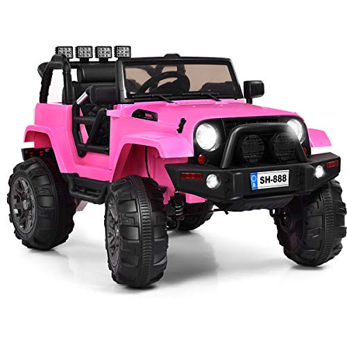 GLACER Kids Ride On Truck, 12V Battery Powered Electric Ride On Car with 2.4 GHZ Bluetooth Remote Control, 3 Speeds, LED Lights, 2 Magnetic Doors, Safety Belt, Music, MP3, Spring Suspension(Pink)