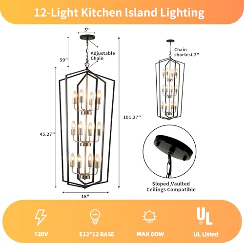 WJShome Farmhouse Chandelier, 12-Light Tiered Lantern Pendant Light, Modern Industrial Foyer Lighting Fixtures, Black and Brushed Nickel High Ceilings Pendant Lights for Staircase, Entryway