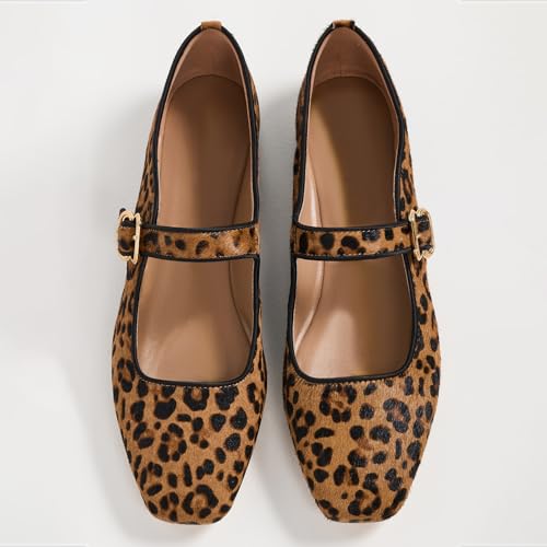 Image of DOEYG Mesh Ballet Flats Shoes for Women Leopard Animal Print Mary Jane Flats Shoes Square Toe Dress Casual Comfortable Velvet Ballerina Shoes