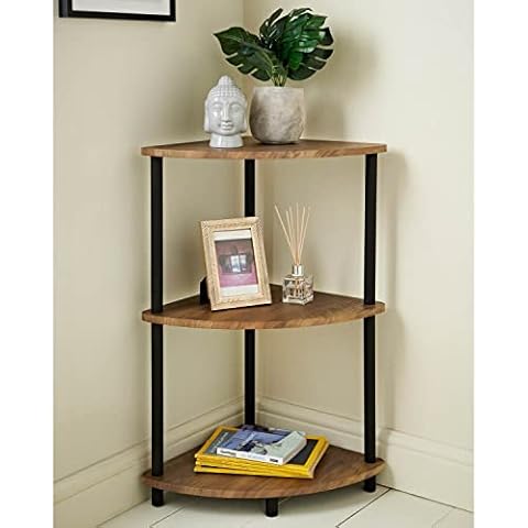 E2B® New Oak Effect 3 Tier Corner Storage Shelves Unit Black Metal Legs Cover
