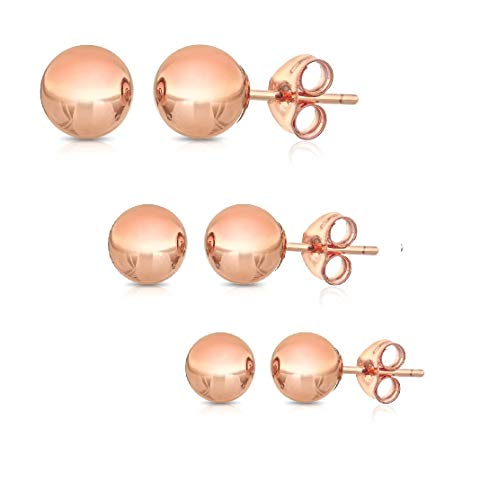 PORI JEWELERS 14K Solid Rose Gold Ball Stud Earrings (3-Pair-Pack) 3MM 4MM and 5MM